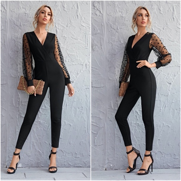 Pants - Black polka dot v neck sheer sleeve fitted jumpsuit